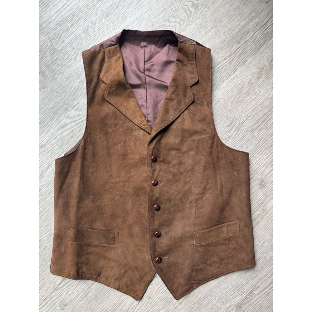 Vintage Genuine Leather Western Vest Brown 46 Long Men's Button Front Cowboy XL
